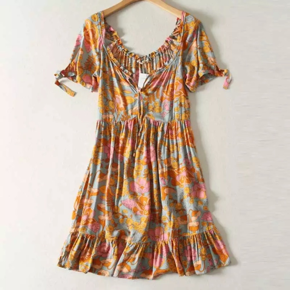 SOLD OUT Boho Orange Gypsy Retro Floral Babydoll Dress - Picture 1 of 5